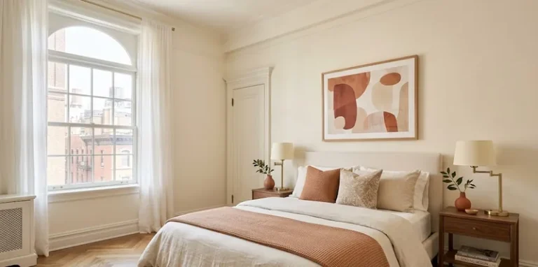 Vacant New York bedroom staged for sale, with layered cream linen, brass bedside lamps and a terracotta throw.