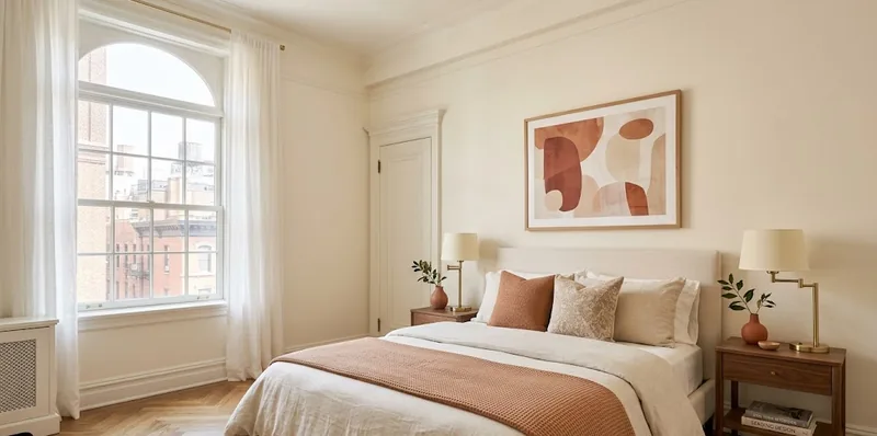 Vacant New York bedroom staged for sale, with layered cream linen, brass bedside lamps and a terracotta throw.