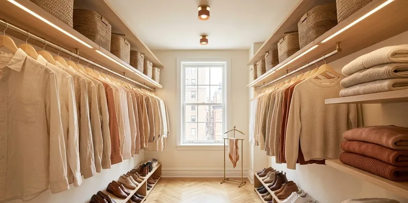 Organized walk-in closet with matching wooden hangers evenly spaced, folded knitwear in stacks and woven storage baskets on the upper shelves.