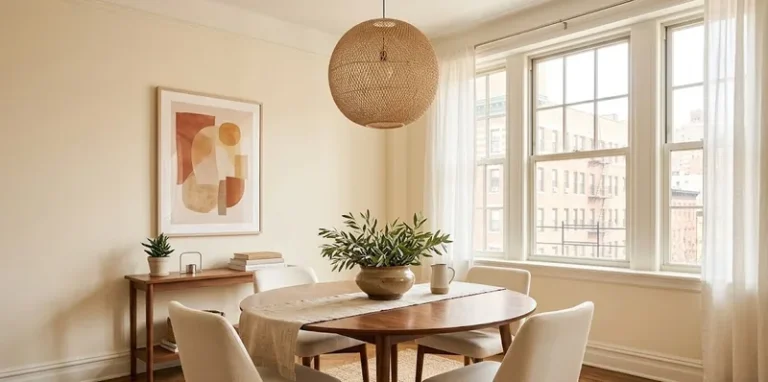 Dining room styled for a New York listing: round walnut table, cream upholstered chairs, a linen runner and a woven pendant light.