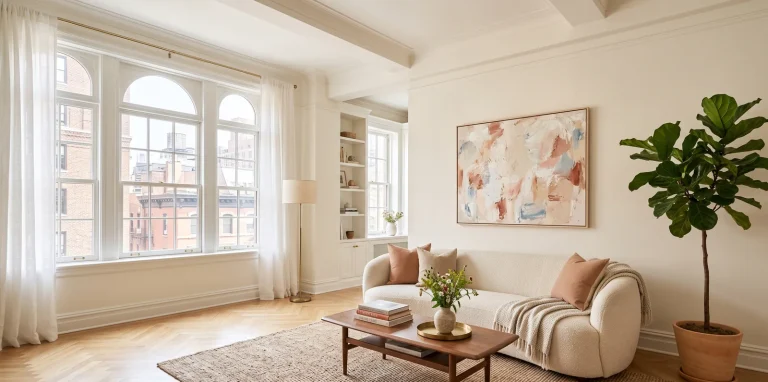 Staged living room in a pre-war Manhattan co-op: cream boucle sofa, walnut coffee table and jute rug in front of tall arched windows.