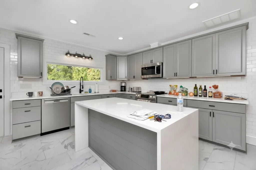 The same kitchen lived-in and cluttered, before styling.