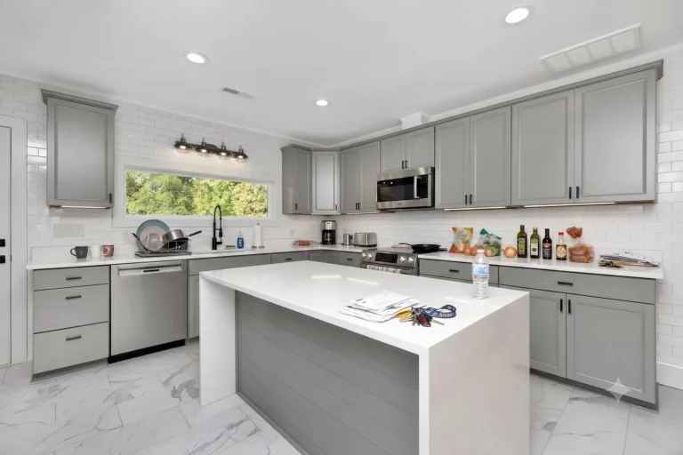 The same kitchen lived-in and cluttered, before styling.