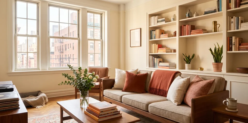 Occupied living room styled while the owners are still living there: an existing sofa restyled with cream and rust cushions, edited shelves and afternoon light through tall windows.