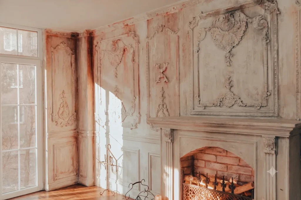 The same mantel and paneled wall, undecorated.