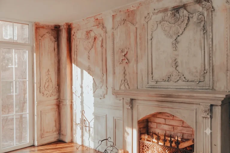 The same mantel and paneled wall, undecorated.