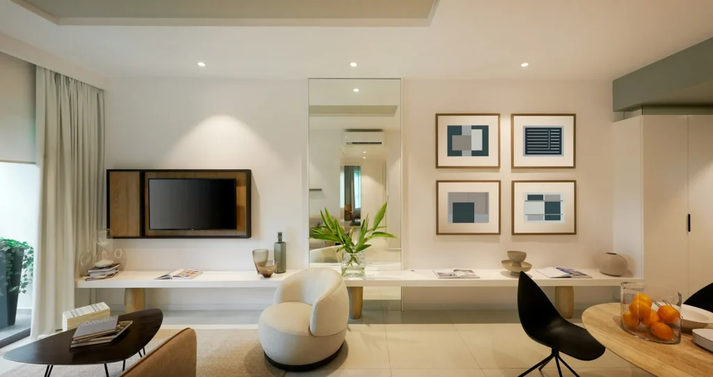 A show-home living room furnished end to end in pale neutrals.