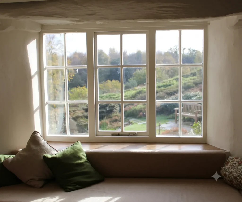 The same window seat with the window bare, before treatments.