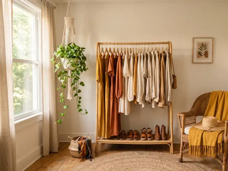 Bohemian closet nook with a rattan rack of colorful dresses, a macrame plant hanger with trailing pothos, a jute rug and a mustard throw on a wicker chair
