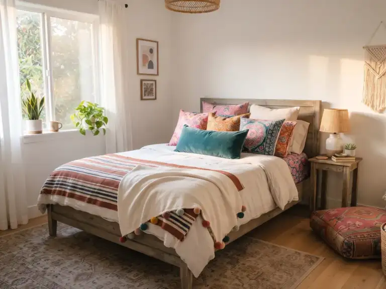 Small bohemian guest bedroom with a bed layered in colorful block print pillows, a striped handwoven blanket and a cream throw trimmed with pom-poms