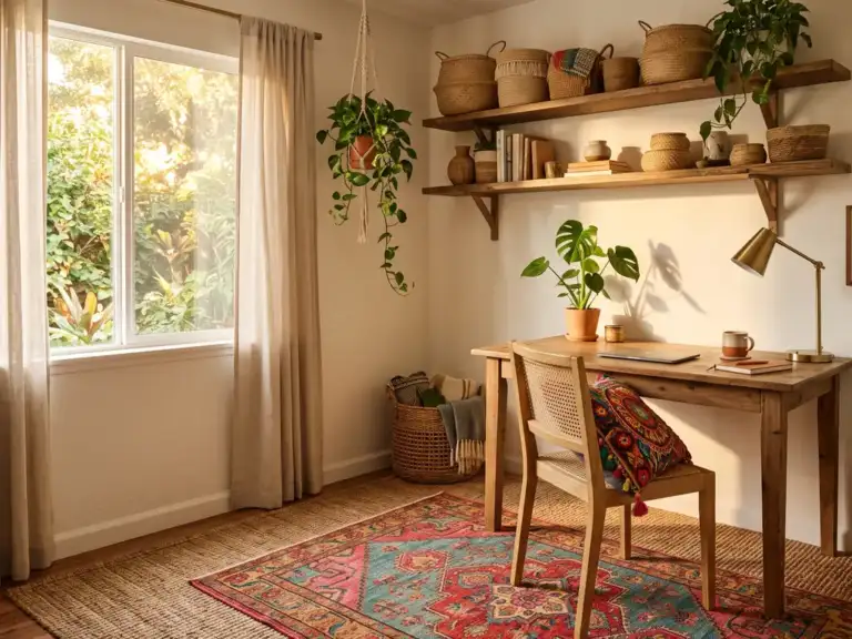 Small bohemian home office with a colorful patterned rug layered at an angle over a jute rug, a wood desk, a cane chair and colorful textiles