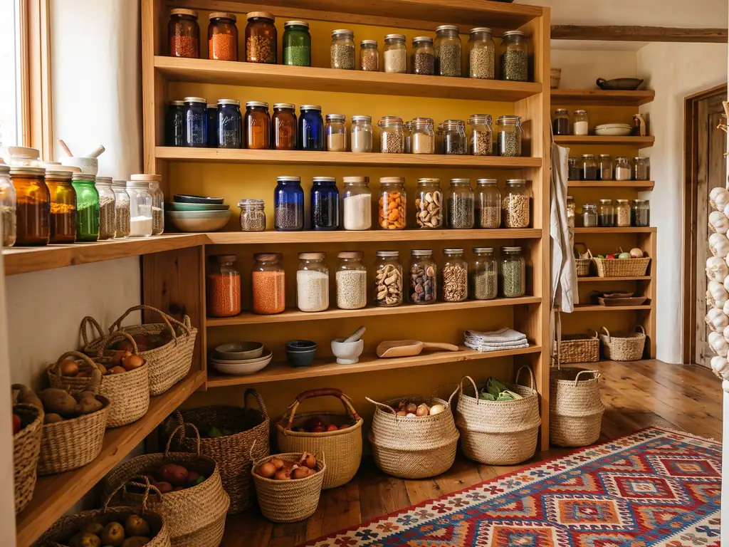 Bohemian pantry with sunny yellow shelves, amber, green and blue glass jars of spices and grains, woven baskets and a colorful patterned runner