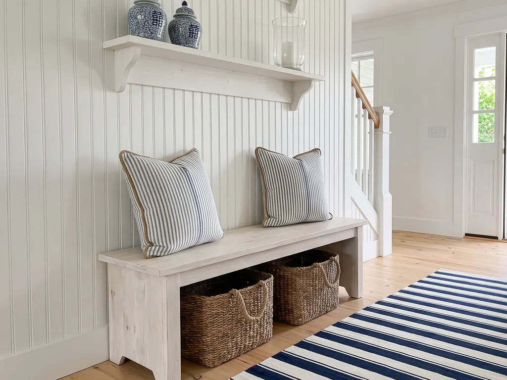 Coastal entryway with a navy and white striped runner, a whitewashed bench with rope-handled baskets beneath and blue and white ginger jars on a shelf