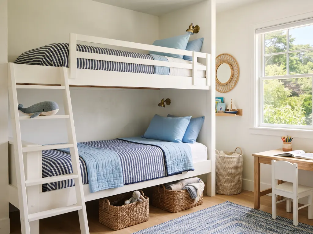 Medium coastal kids room with white bunk beds dressed in navy and white striped bedding, a reading light on each bunk and woven bins beneath