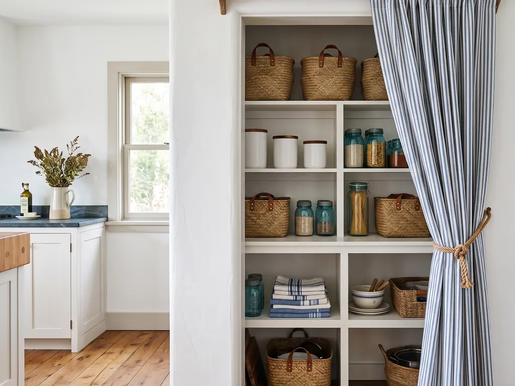 Small coastal pantry alcove with a blue and white striped curtain pulled back by a rope tieback, showing white shelves with seagrass baskets