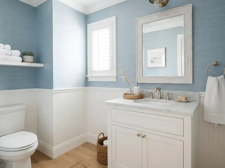 Small coastal powder room with soft blue grasscloth wallpaper, a whitewashed wood mirror over a white vanity, a seagrass tray and a white linen towel