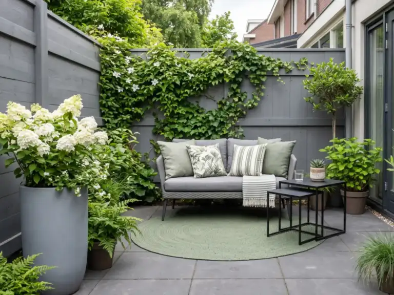 Small contemporary courtyard patio with a gray outdoor loveseat on a round green rug, slim nesting side tables and white hydrangeas in tall gray planters