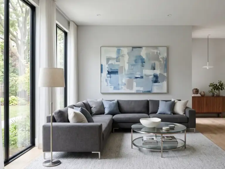 Large contemporary family room with an oversized blue and gray abstract canvas above a low charcoal sectional, a glass coffee table and a pale gray rug