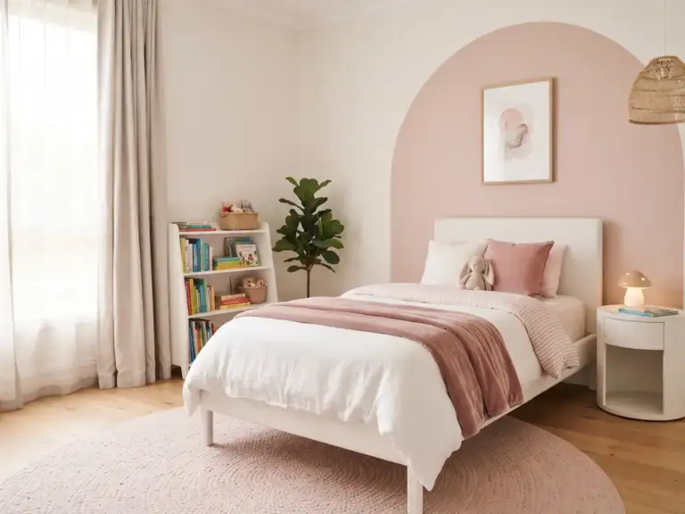 Medium contemporary kids room with a soft pink painted arch framing a white upholstered twin bed, pink and white bedding and a round pink rug