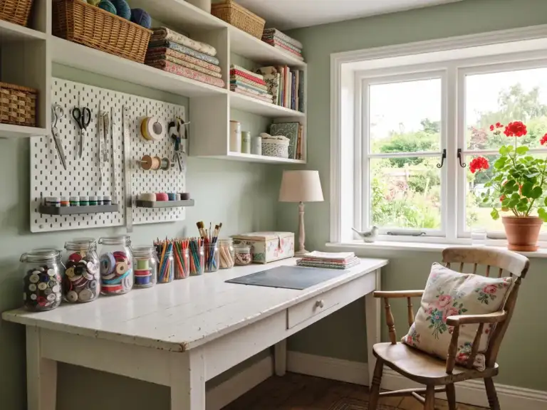 Cottage craft room painted sage green with a white worktable under the window, glass jars of supplies, a pegboard of tools and baskets of yarn on open shelves