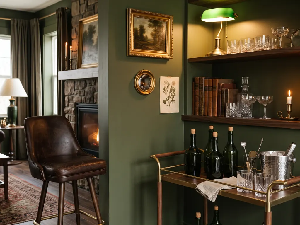 Dark academia home bar with walnut shelves of old books and crystal glasses, a brass bar cart with green glass decanters, a leather stool and a green banker's lamp