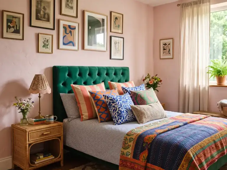 Small eclectic bedroom with an emerald velvet headboard and a bed piled with patterned pillows in coral, orange, cobalt and green and a kantha throw