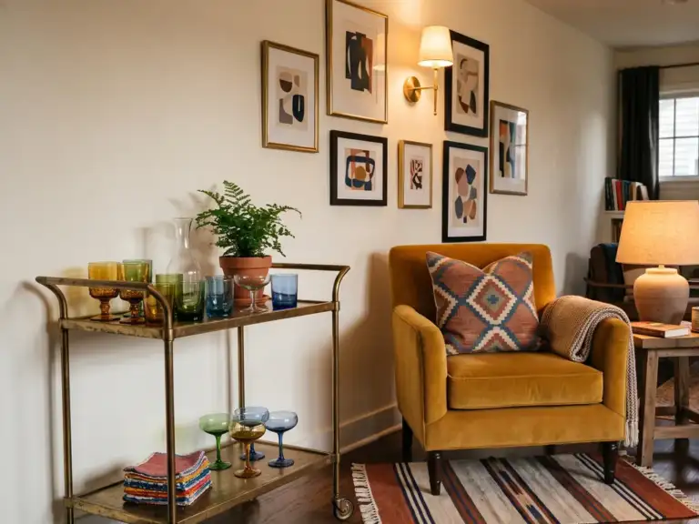 Small eclectic family room corner with a vintage brass bar cart holding mixed glassware and a fern beside a mustard velvet armchair and framed prints