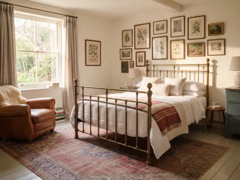 Large eclectic guest bedroom with a faded red vintage-style rug under an antique brass bed, a cognac leather armchair and a wall of mixed framed art