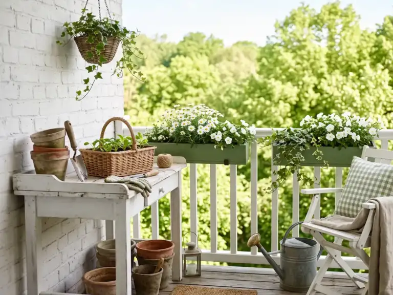 Small farmhouse balcony with a white potting bench holding clay pots, green railing flower boxes of white daisies and ivy, and a galvanized watering can