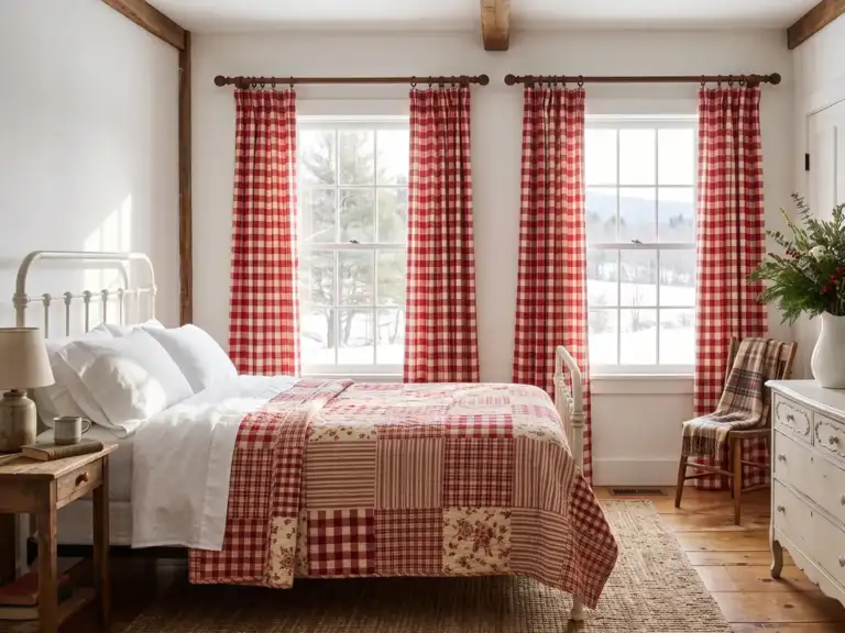Medium farmhouse bedroom with red and white buffalo check curtains on a wooden rod, a white iron bed with a patchwork quilt and a painted dresser