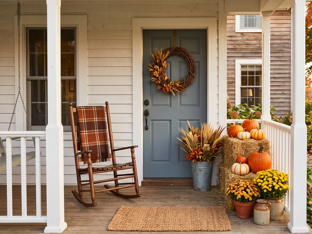 Farmhouse front porch decorated for fall with golden mums, pumpkins stacked on hay bales, a rocking chair with a brown plaid blanket and a grapevine wreath