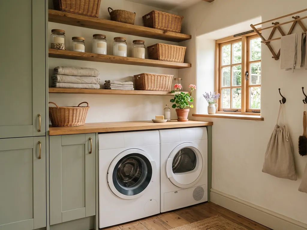 Small farmhouse laundry room with sage green cabinets, woven baskets on open shelves, glass jars of detergent and wall hooks with linen bags