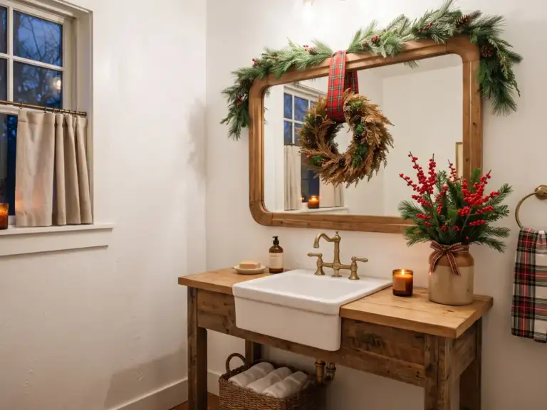 Small farmhouse powder room with a cedar wreath hung on red and green plaid ribbon over a wood mirror, a pine garland and a crock of red berry stems