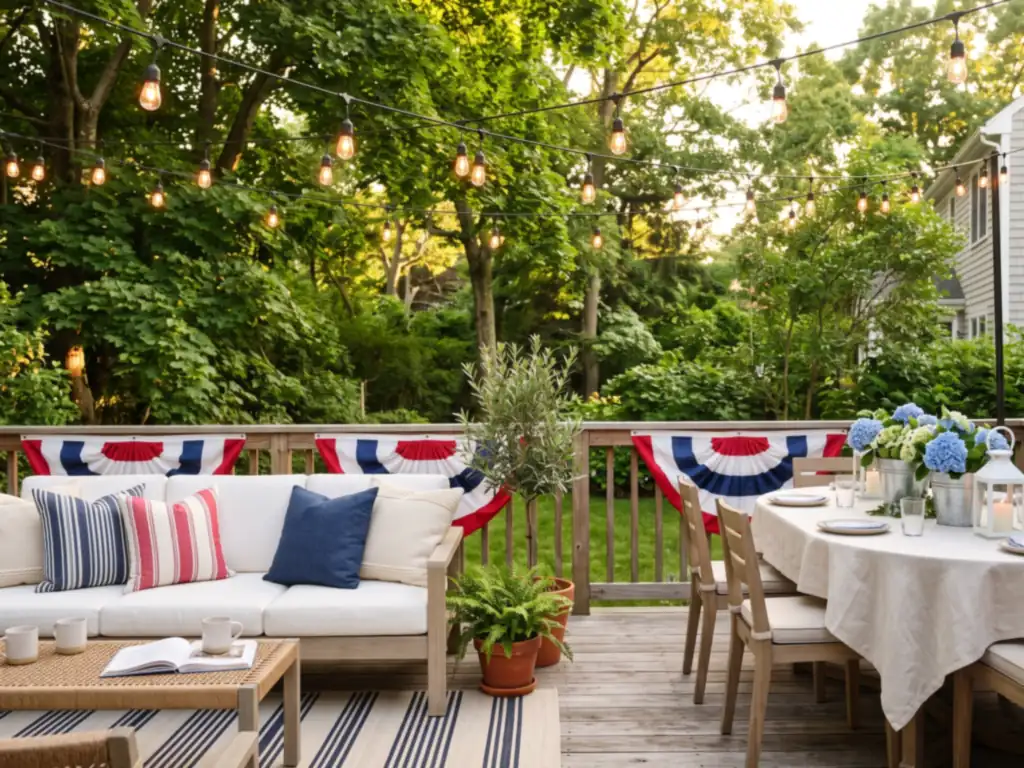 Wood deck decorated for the Fourth of July with navy, red and white striped pillows, pleated striped bunting on the railing, blue hydrangeas and cafe string lights