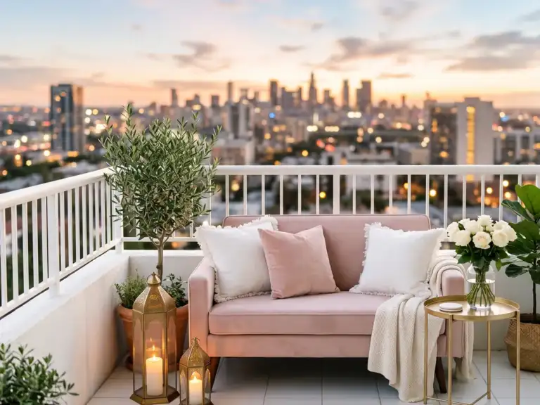 Small glam apartment balcony with a blush pink outdoor loveseat, white fringed pillows, a gold side table with white roses and two glowing gold lanterns