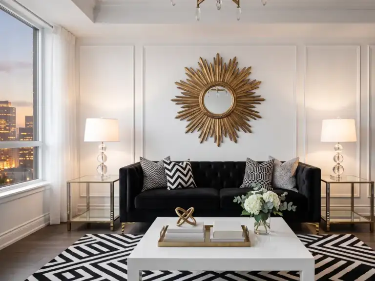 Glam black and white living room with a large gold sunburst mirror above a black velvet sofa, crystal lamps on mirrored tables and a white lacquer table