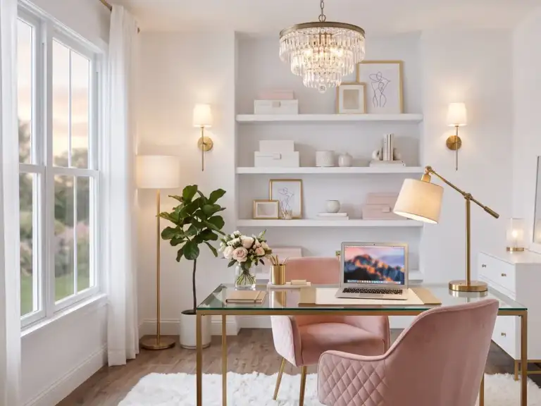 Glam home office with white walls, a crystal pendant over a glass-top desk, a gold swing-arm lamp, a blush velvet chair and gold wall sconces