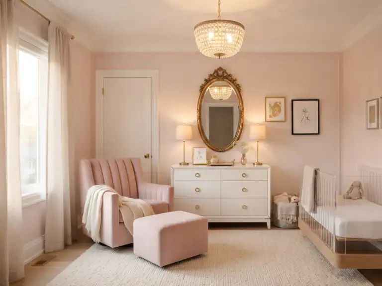 Large glam nursery with blush pink walls, a gilded oval mirror above a white lacquer dresser, a pink velvet glider and a clear acrylic crib