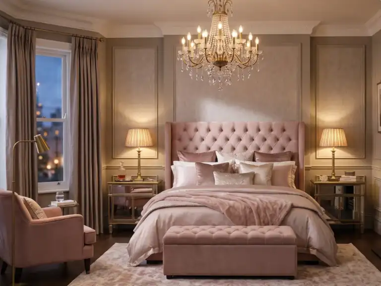 Large glam primary bedroom with a blush pink velvet headboard, a crystal and brass chandelier, mirrored nightstands and brass table lamps