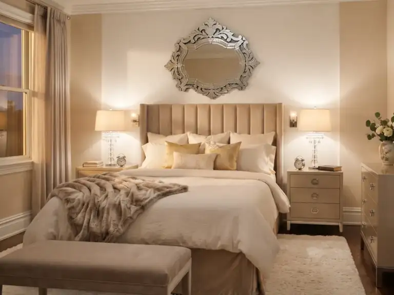 Medium glam guest bedroom with an etched Venetian mirror above a champagne velvet tufted headboard, crystal lamps and ivory and gold silk pillows