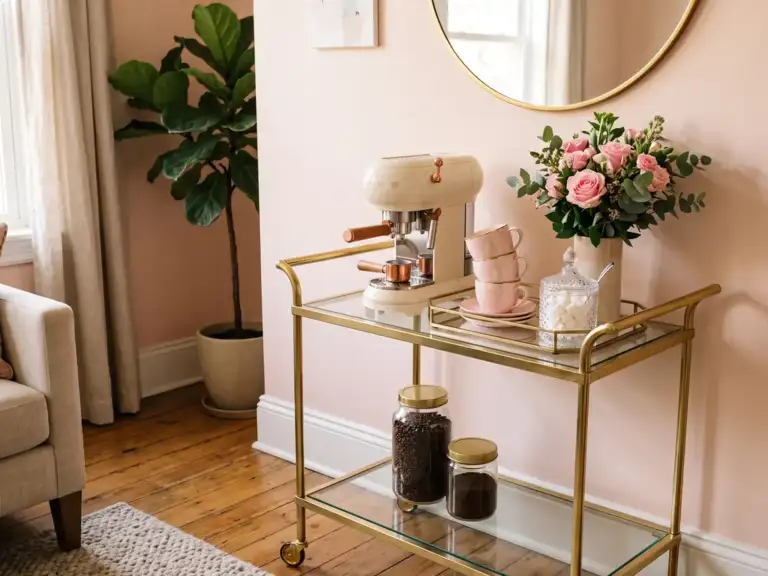 Small glam coffee station on a brass and glass bar cart with a mirrored tray, blush pink mugs and a crystal sugar jar below a round gold mirror