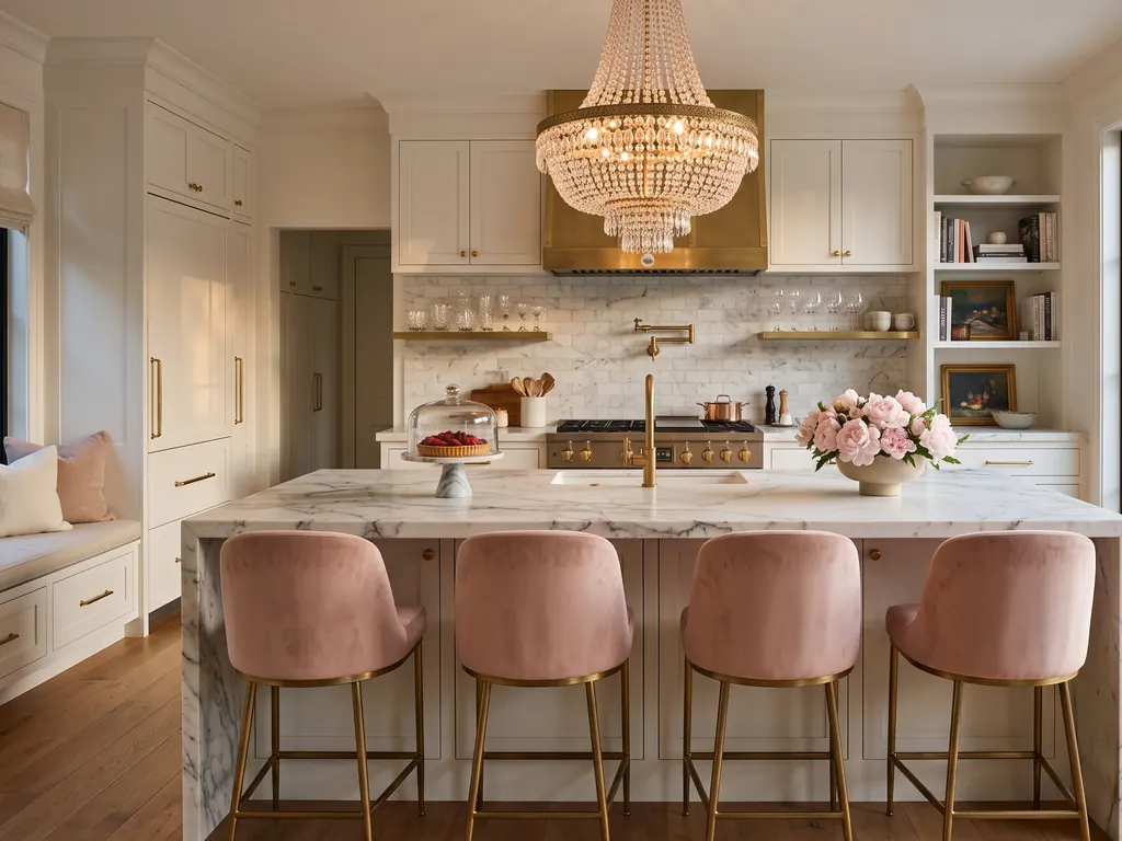 Large glam kitchen with a crystal and brass chandelier over a white marble island, blush pink velvet counter stools and brass cabinet hardware