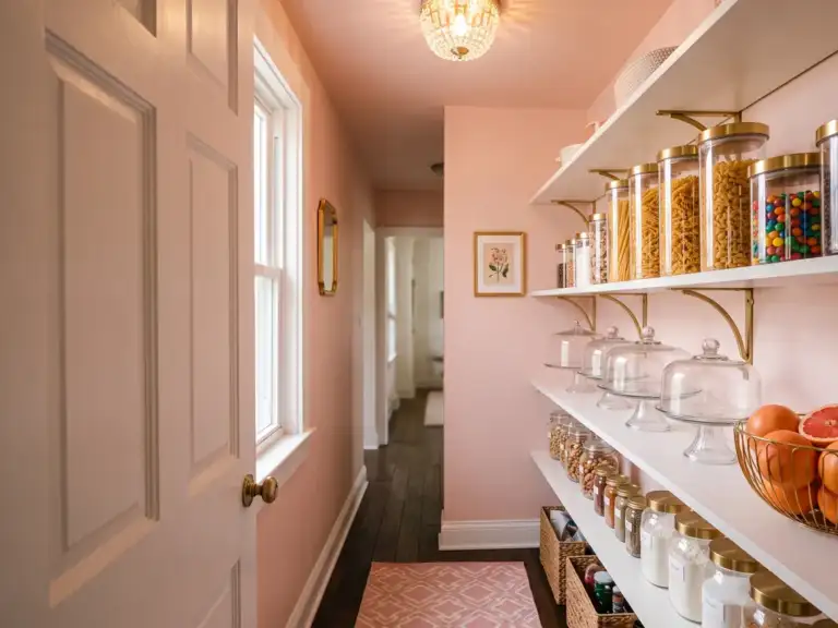 Small glam pantry with blush pink painted walls and ceiling, white shelves on brass brackets, acrylic canisters with gold lids and a crystal light