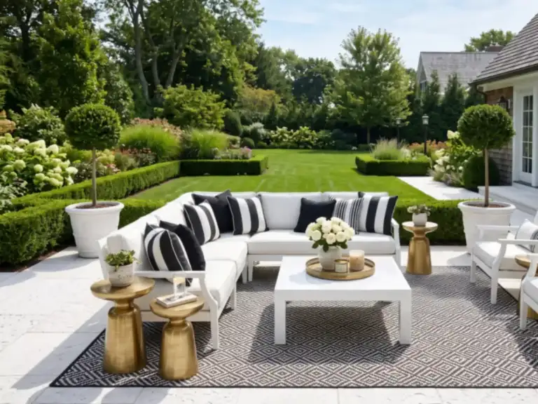 Large glam patio with a white outdoor sectional, black-and-white striped pillows, brass side tables, a black-and-white rug and potted lollipop topiaries
