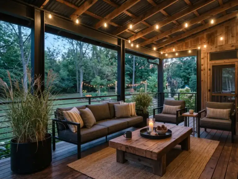Large industrial back porch with a black metal-frame sofa and chairs with charcoal cushions, a reclaimed wood coffee table and filament string lights
