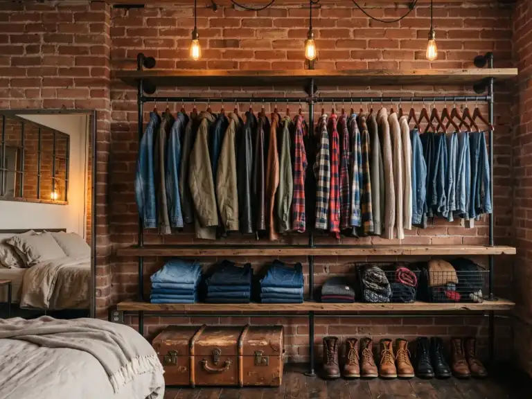 Industrial open closet with black pipe clothing racks, reclaimed wood shelves holding folded denim and boots, wire baskets and bare filament bulbs