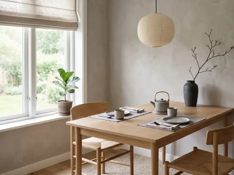 Small Japandi breakfast nook with an oak table set with gray linen placemats, a speckled stoneware teapot and cups, and one branch in a tall vase