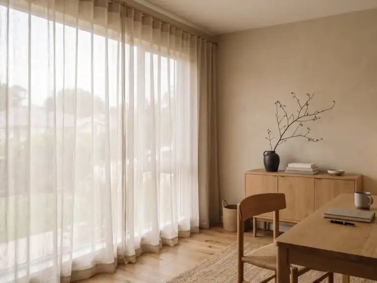 Japandi home office with floor-length sheer beige linen curtains over a wide window, an oak desk set beside it and a tall paper floor lamp
