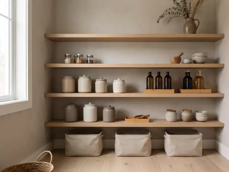 Japandi pantry with pale oak shelves, rows of lidded ceramic canisters in beige and gray, bamboo trays of bottles and beige linen storage bins