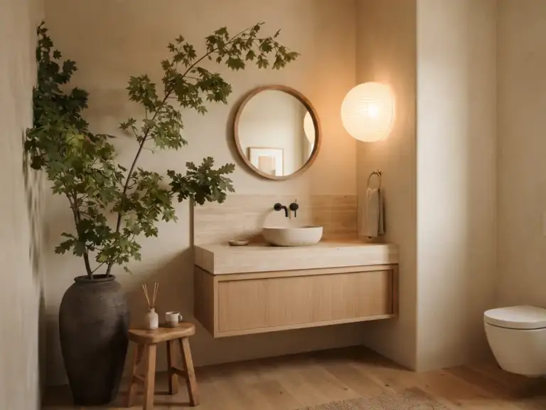 Spacious Japandi powder room with beige plaster-look walls, an oak vanity, a paper sconce and tall leafy branches in a stoneware floor vessel
